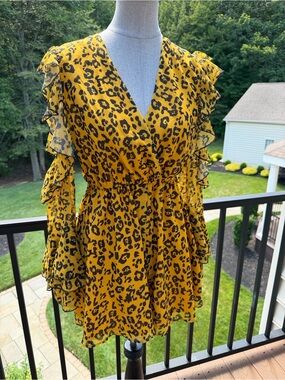 Women’s Yellow Leopard Print Ruffle Romper Dress